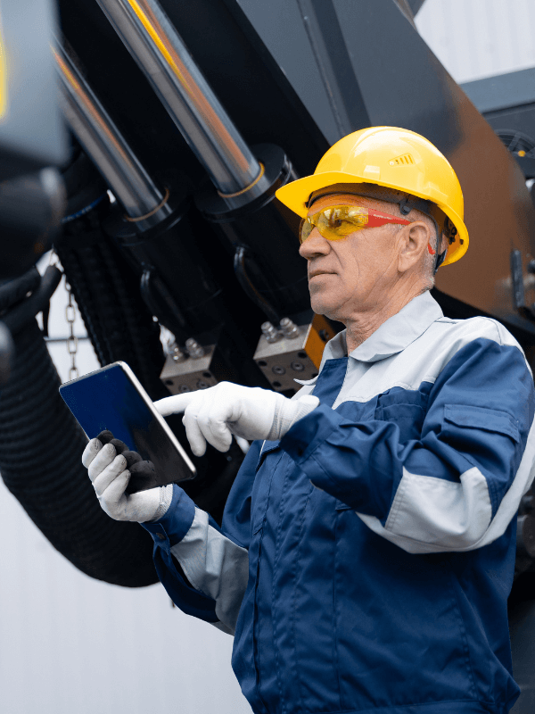 A field worker supervising a job site with a tablet