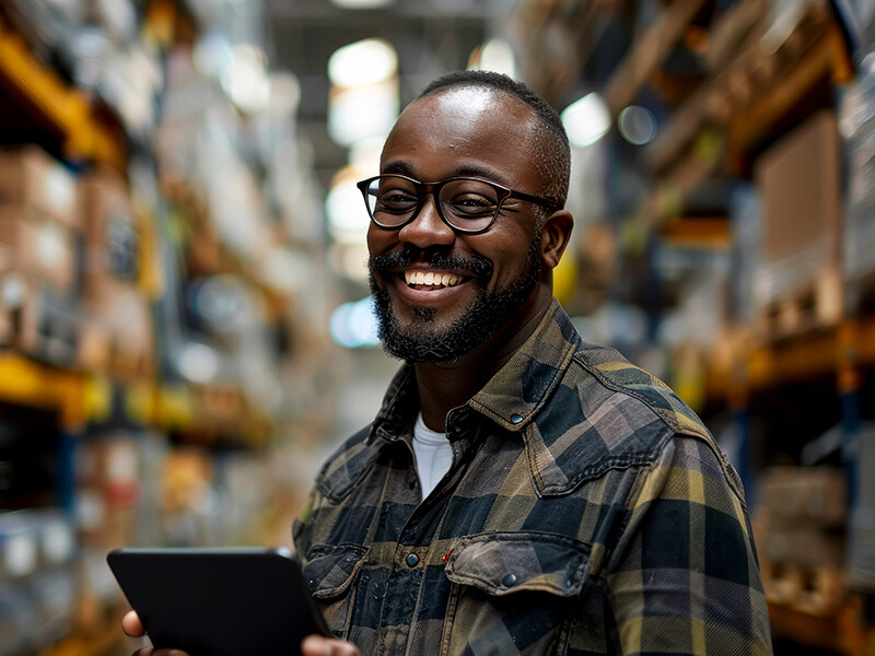 A warehouse worker using a tablet